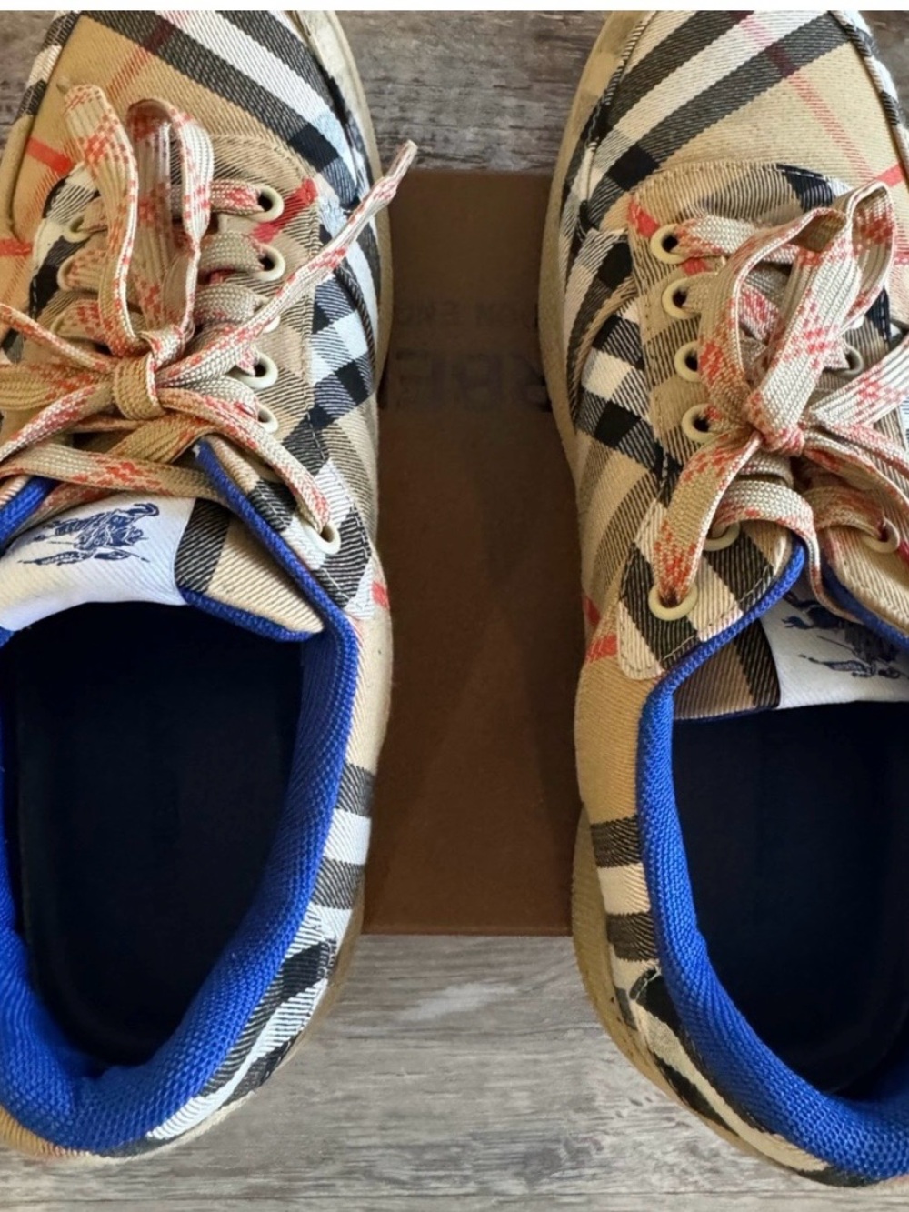 Burberry Plaid Canvas Sneakers in Beige and Blue. Comes with dust bag and box